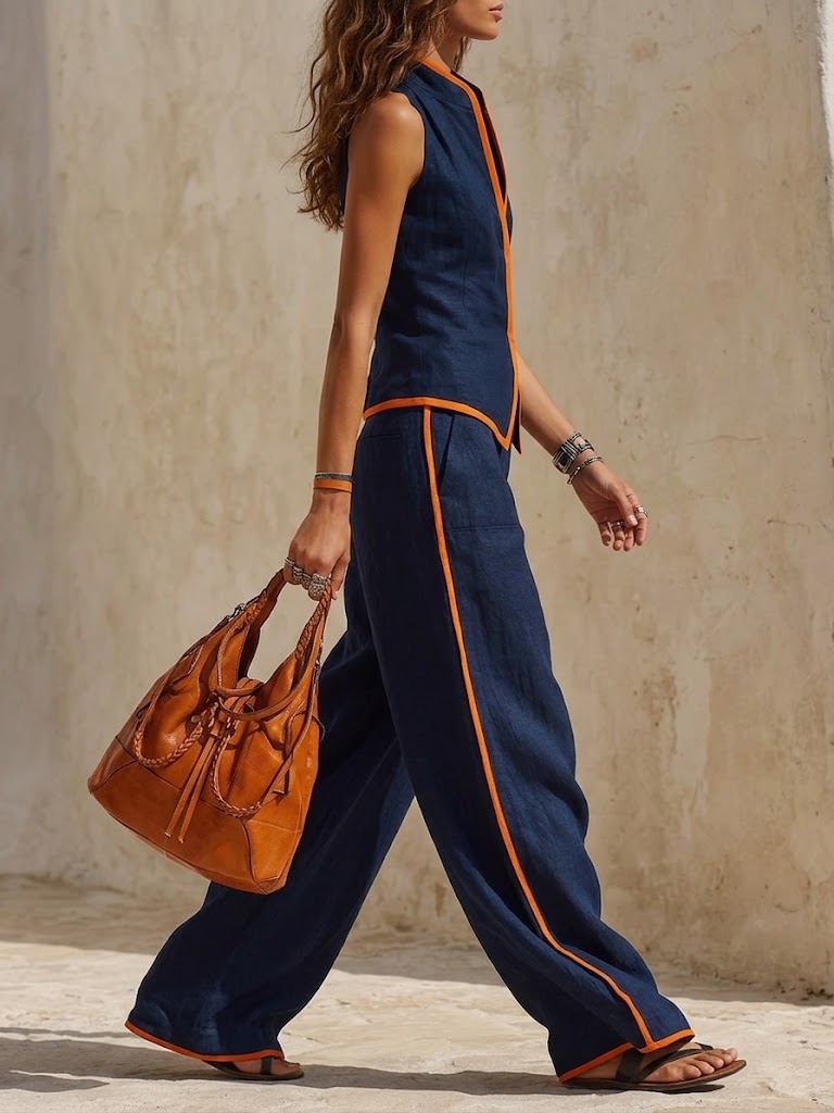 Women's Navy With Orange Trim Linen Sleeveless Set