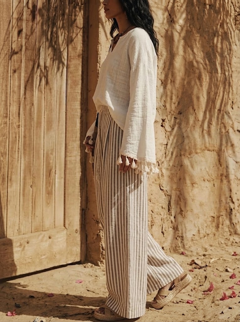 Women's Bohemian Style Tassel Striped Cotton-linen Casual Set