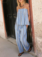 Women's Striped Art Comfortable Casual Top And Pants Cotton Linen Two-piece Set