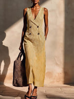 Women's Striped Print V-neck Sleeveless Casual Loose Cotton-linen Dress