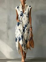 Women's Sleeveless Linen-cotton Dress With Ruffled Collar And Elegant Ink-style Floral Pattern
