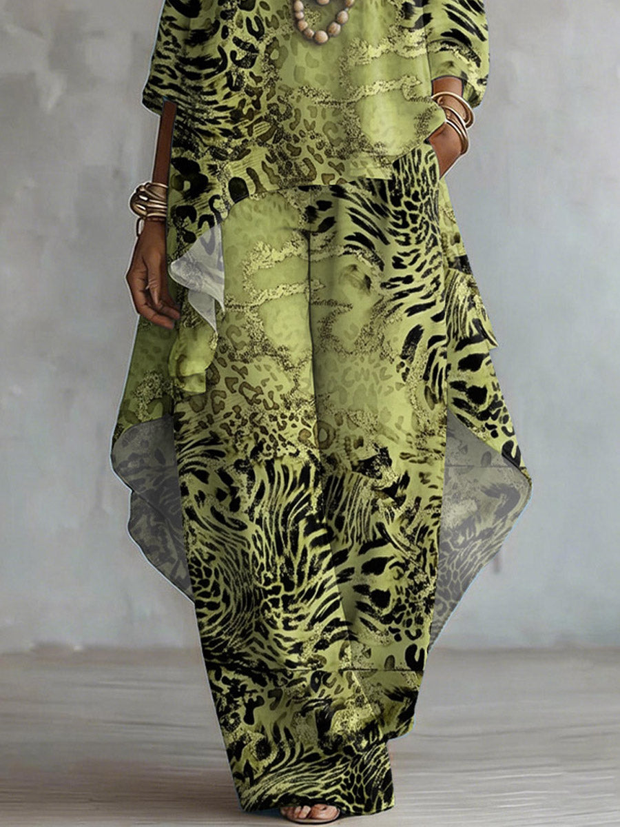 Women's Retro Leopard Art Print Casual Stylish 3/4 Sleeve Cotton Linen Suits