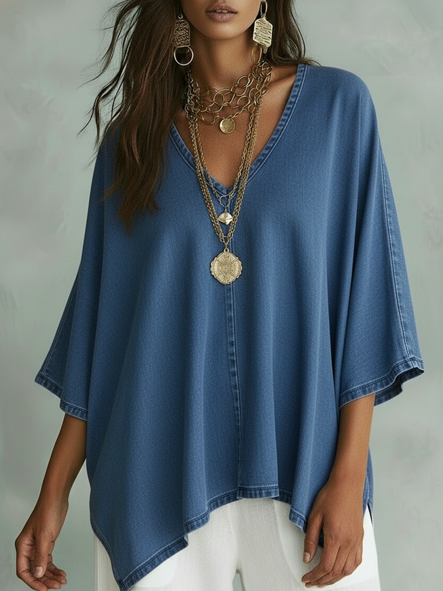 Camicia in denim comoda e ampia con scollo a V