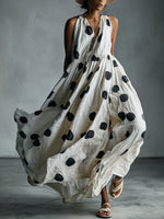Women's Polka Dot Print V-neck Sleeveless Casual Loose Cotton-linen Dress