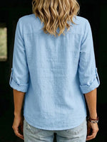 Women's Solid-color V-neck Long-sleeve Casual Loose Cotton-linen Top