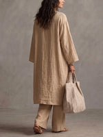 Three-piece Set Featuring A Casual Linen-cotton Blend Cardigan, Trousers, And A Knit Vest.