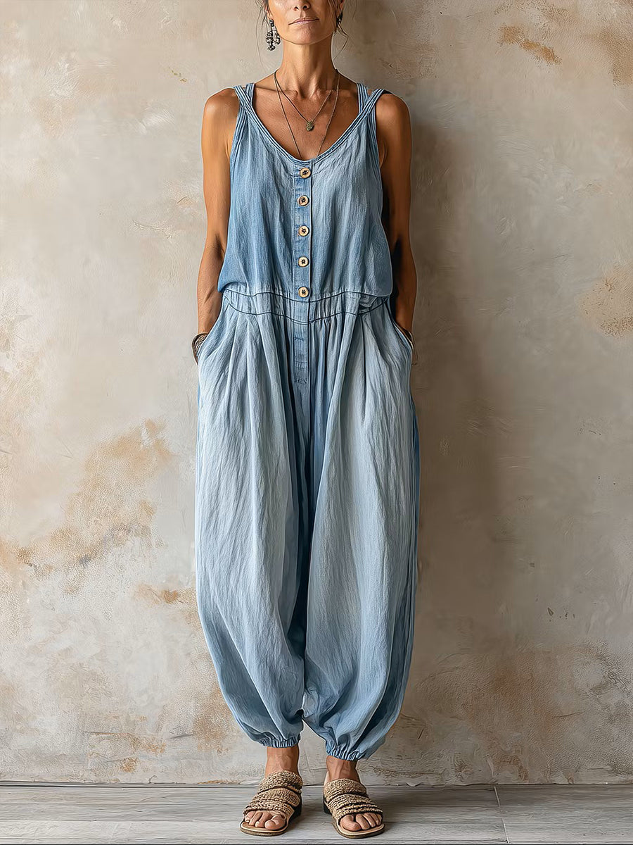 Retro Casual Washed Denim Jumpsuit