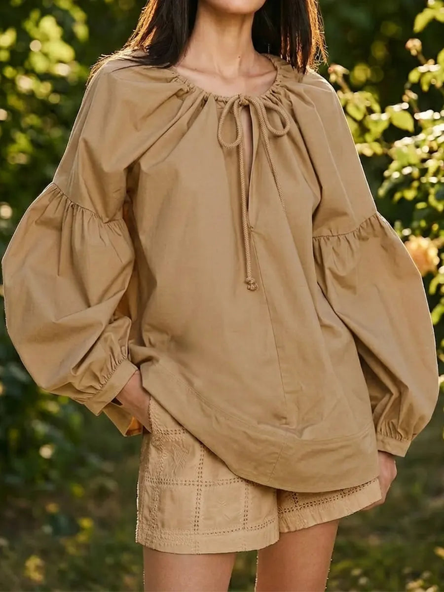 Women Khaki Drawstring Neck Puff Sleeve Blouse