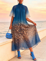 Sexy Blue Vacation Party Dress With Leopard Print