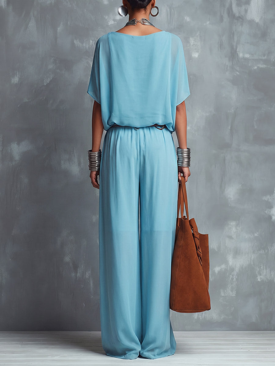 Women's Solid-color Chiffon Two-piece Set: Cowl-neck Short-sleeve Top & High-waisted Loose Wide-leg Pants