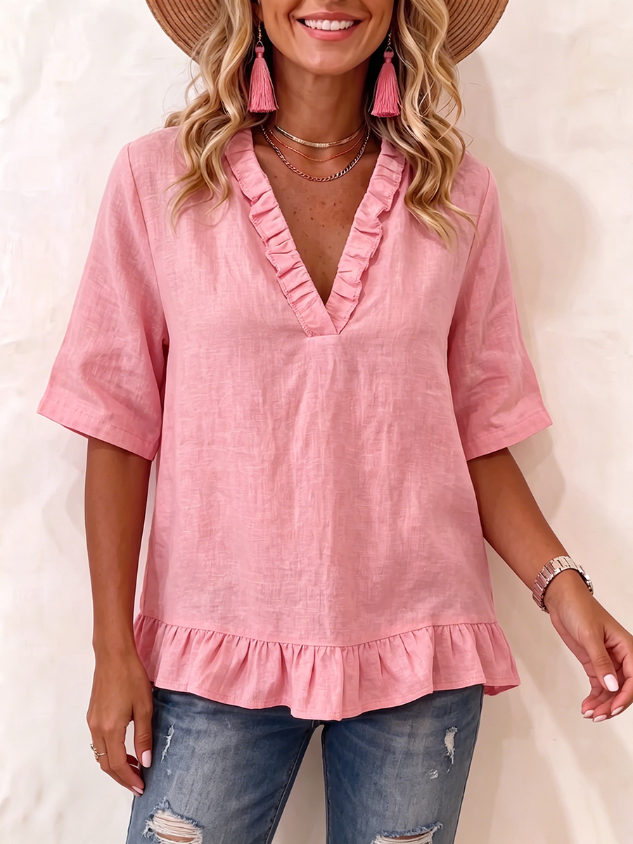 Ruffled V-neck Cotton-linen Top