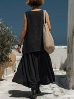 Casual Two-piece Set: Sleeveless Top And Skirt Featuring Black Linen-cotton And Plaid Patchwork