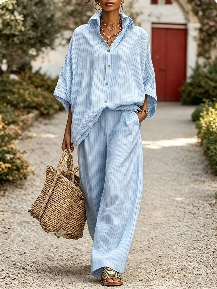 Elegant Classic Striped Shirt And Wide-leg Pants Two-piece Set