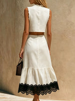 Women's Color-block Lace-trimmed White Round Neck Sleeveless Cotton-linen Shirt And Skirt Set