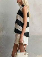 Women's Retro Striped V-neck Sleeveless Chiffon Shirt And White Cotton-linen Shorts Set
