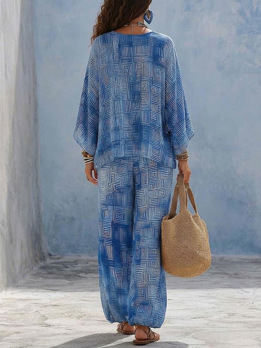 Women's Geometric Print V-neck Long-sleeve Loose Casual Top & High-waisted Wide-leg Pants Set