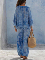 Women's Geometric Print V-neck Long-sleeve Loose Casual Top & High-waisted Wide-leg Pants Set