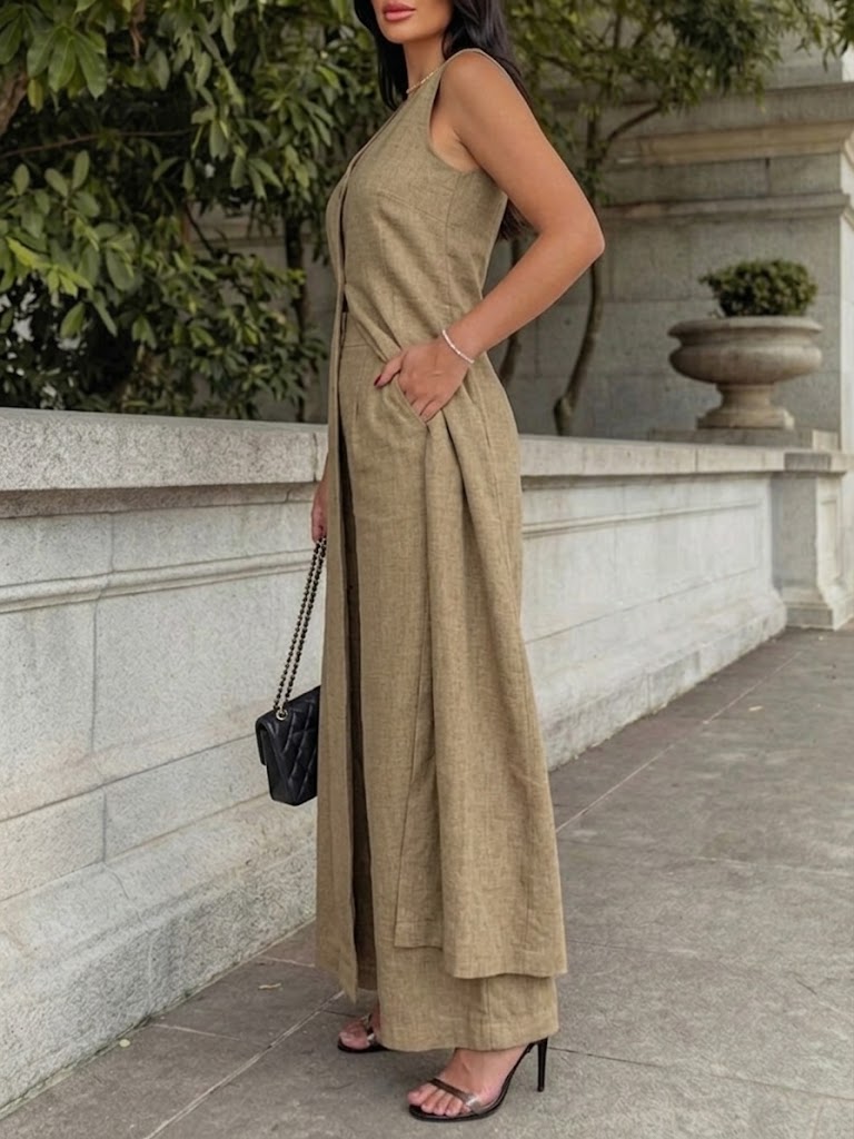 Women's Simple Sleeveless Long Top With Wide-leg Pants Cotton-linen Set