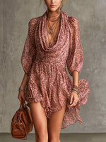 Leopard-print Cowl-neck Dress With Cinched Waist And Asymmetrical Hem