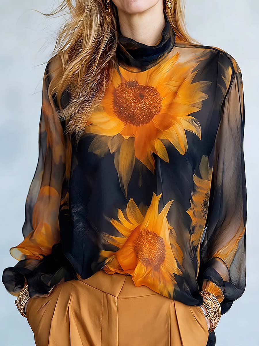 Women's Sunflower Print Stand-collar Long-sleeve Casual Loose Chiffon Two-piece Top