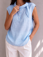 Retro Tie-collar Sleeveless Cotton-linen Top
