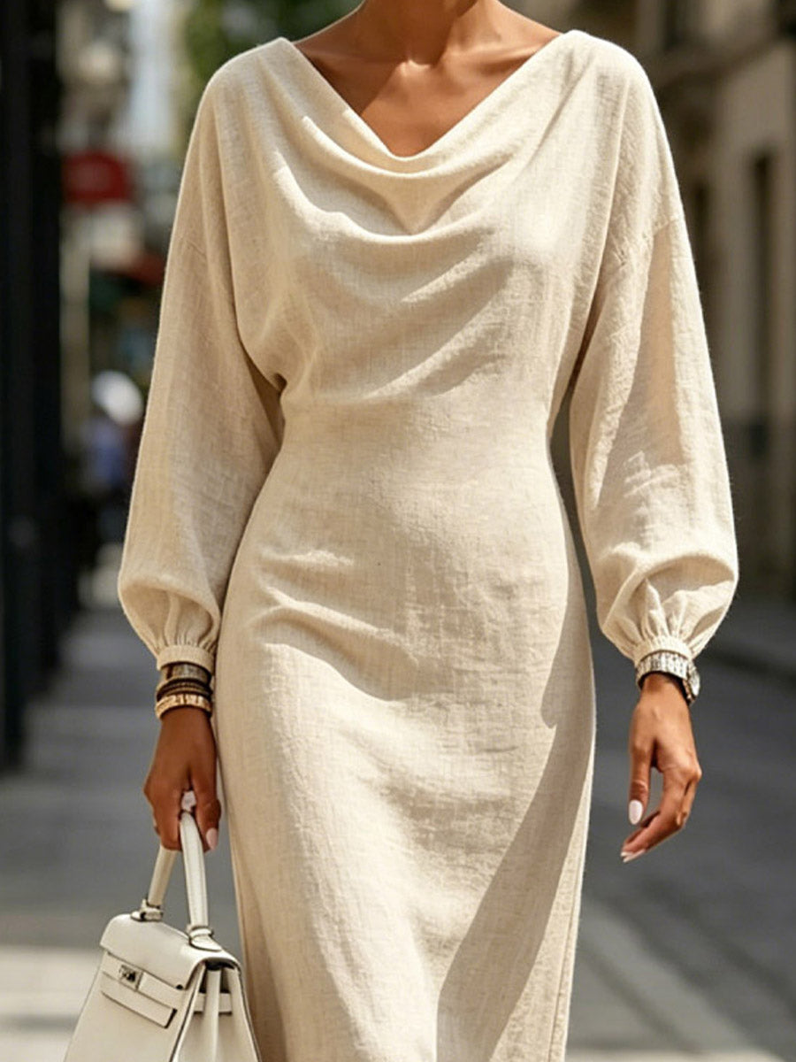 Women's Cowl Neck Art Casual Long Sleeve Cotton Linen Dress