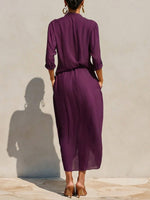 Women's Solid-color V-neck Long-sleeve Casual Loose Cotton-linen Dress