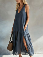 Women's Ash-blue Sleeveless Slit Dress