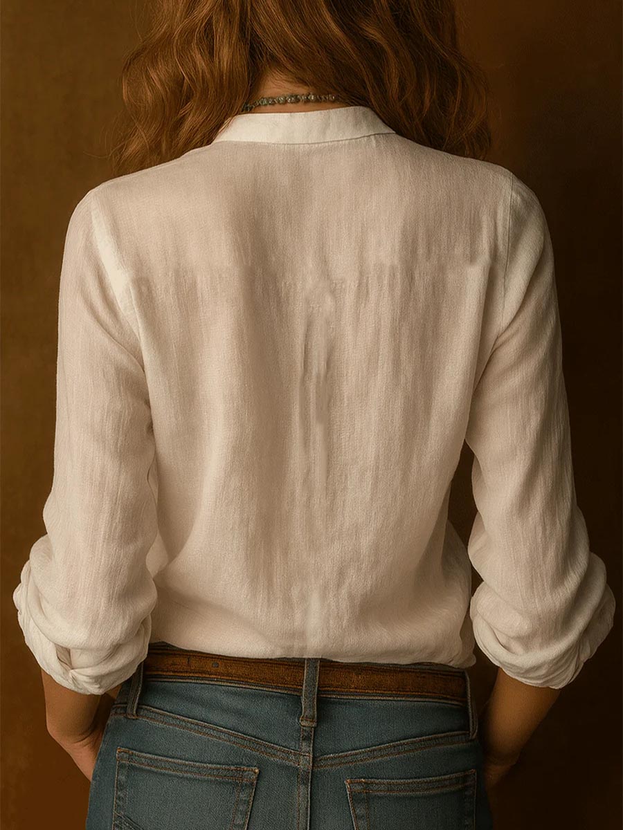Women's Solid-color Stand-collar Long-sleeve Embroidered Patchwork Shirt