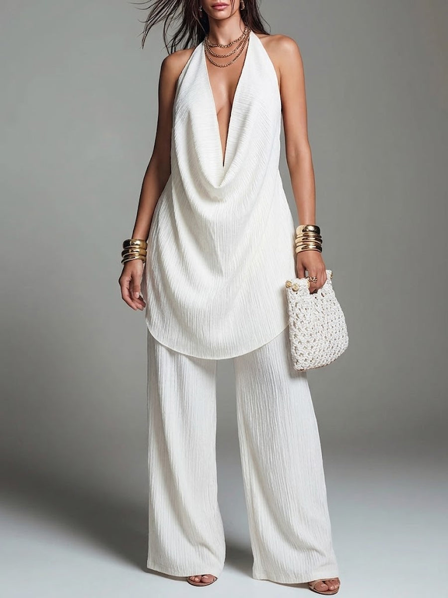 Women's Solid Color Pleated Vacation Two-piece Set