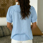 Casual Linen And Cotton Short-sleeve Shirt With Peter Pan Collar