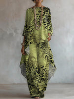 Women's Retro Leopard Art Print Casual Stylish 3/4 Sleeve Cotton Linen Suits