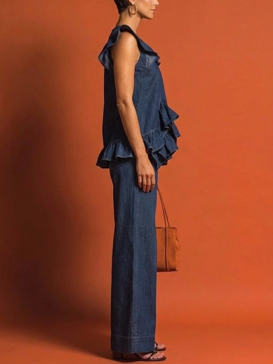 Women's Ruffle Trim Top And Wide-leg Jeans Set