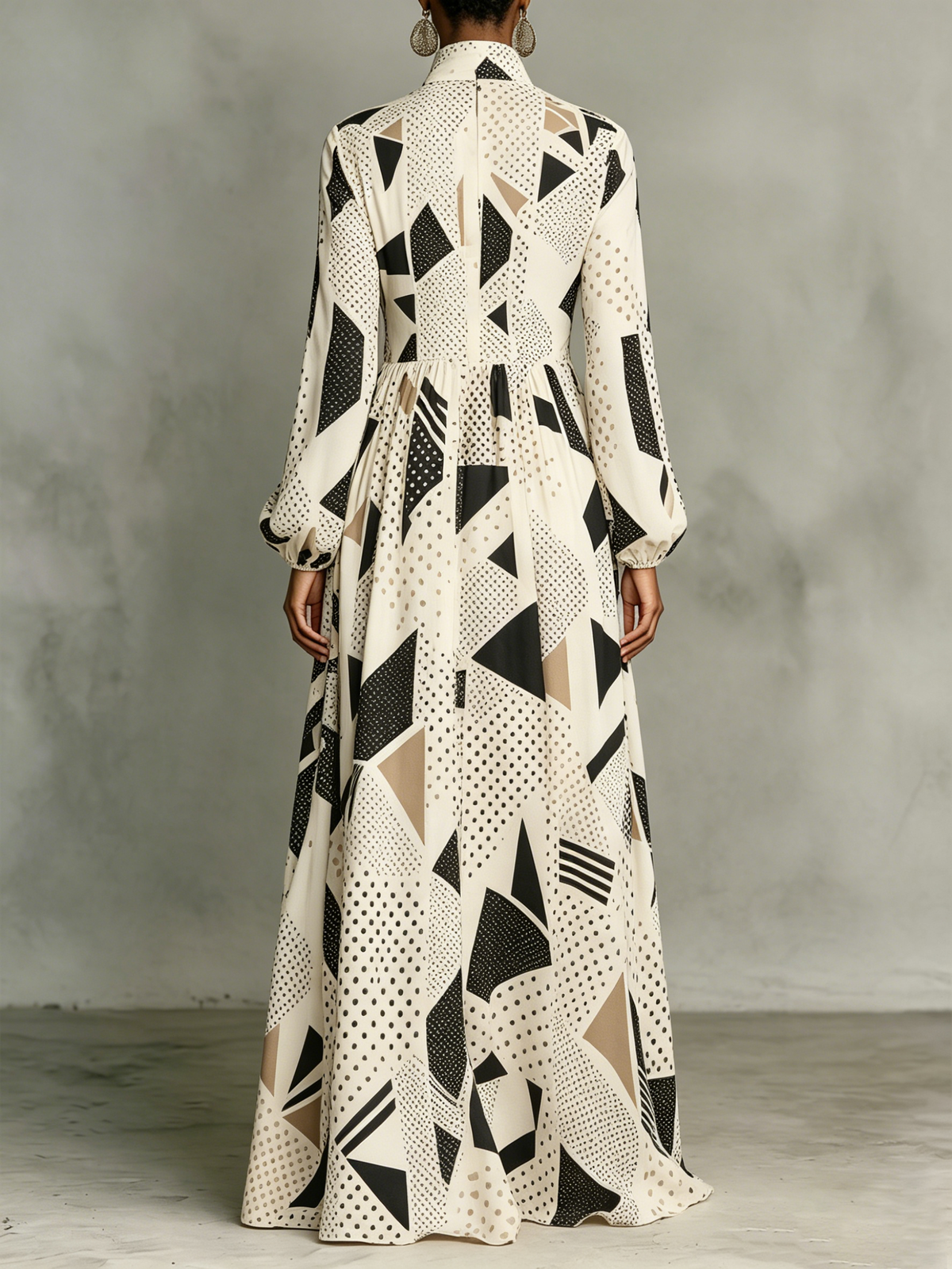 Classic Abstract Geometric Dress — Featuring A Turn-down Collar, Cinched Waist, And Flared Skirt