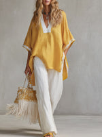 Women's Embroidered Pattern Print V-neck Cotton-linen Top