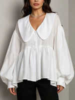 Women's Doll Collar Puff Sleeve Cinched Waist White Shirt