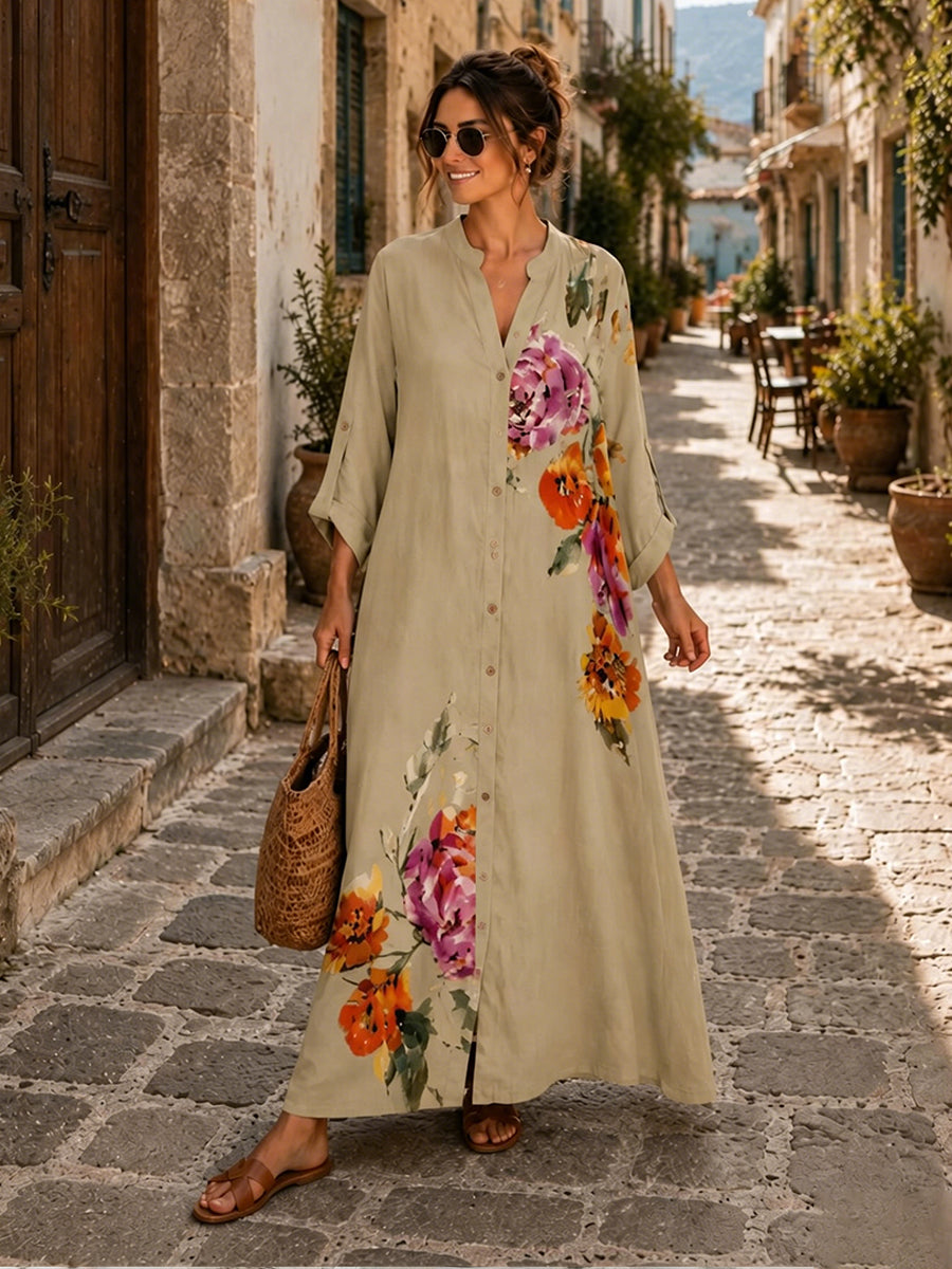 Casual Floral-print Linen And Cotton Dress