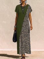 Women's Leopard Print Cotton-linen Casual Loose-fit Dress With Round Neck And Short Sleeves