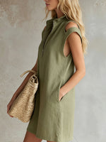 Women's Casual Retro Stand-collar Zip-front Cold-shoulder Sleeveless Dress