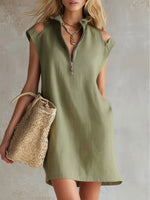 Women's Casual Retro Stand-collar Zip-front Cold-shoulder Sleeveless Dress