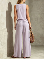 Women's Vintage Cotton-linen V-neck Sleeveless Top And Trousers Set