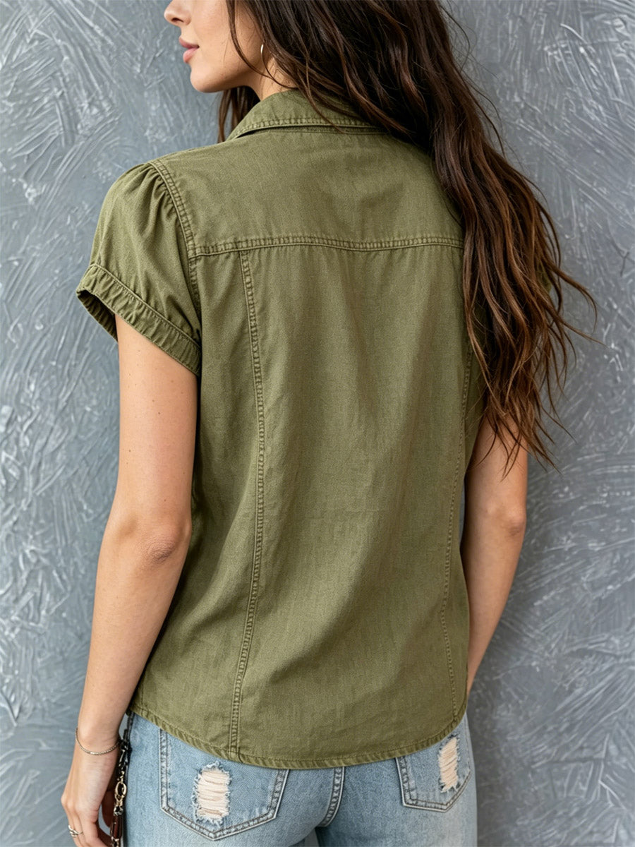 Women's Zip Stylish Pockets Art Casual Cotton Linen Shirt