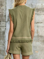 Women's Retro Green V-neck Cotton-linen Short-sleeve T-shirt And Shorts Set