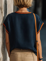 Women's V-neck Short-sleeve Casual Loose Cotton-linen Top