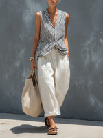 Women's Casual Striped Sleeveless Top And Wide-leg Pants Set