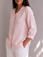 Rose Pink Cotton-linen Shirt With Ruffled Collar