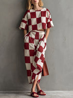 Women's Plaid-print Cotton-linen Two-piece Set: Short-sleeve Crewneck Loose-fit Top & High-waisted A-line Skirt