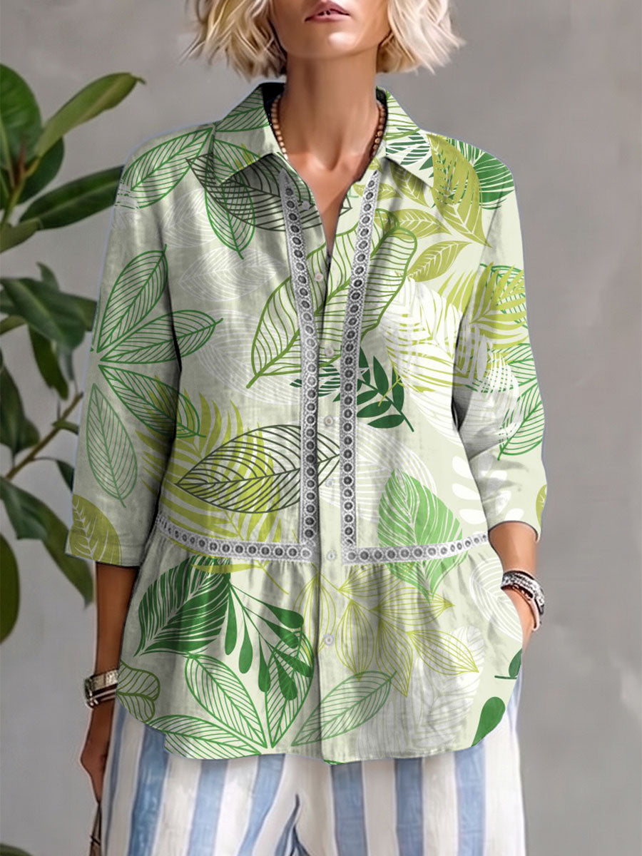 Women's Leaves Print Lace Casual Shirt
