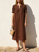 Lace Trim Puff Sleeve Linen Midi Dress