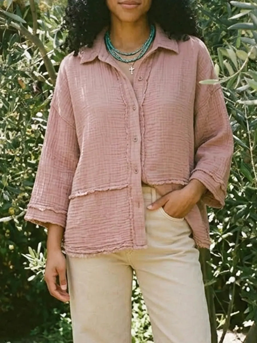 Dusty Pink Raw Edge 3/4 Sleeve Cropped Button Down Casual Shirt